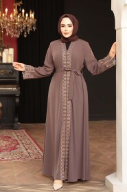 Embroidered Brown Modest Abaya 29114KH - 2