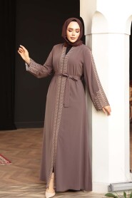 Embroidered Brown Modest Abaya 29114KH - 3
