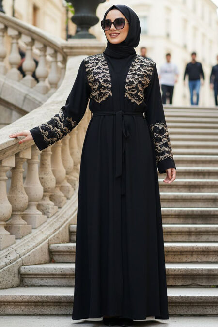 Embroidered Detail Belted Black Beige Modest Abaya 29138SBEJ - 