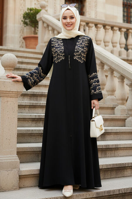 Embroidered Detail Belted Navy Blue Beige Modest Abaya 29138LBEJ - 