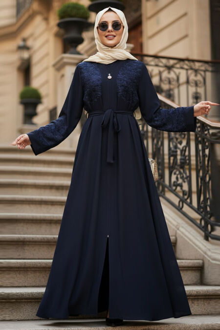 Embroidered Detail Belted Navy Blue Modest Abaya 29138L - 
