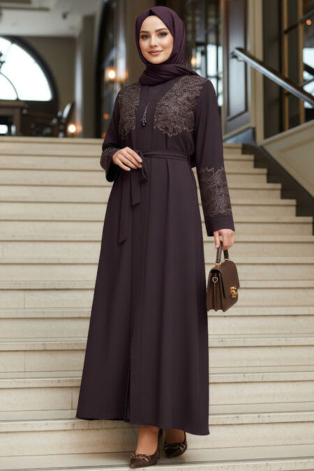 Embroidered Detail Belted Smoky Grey Modest Abaya 29138FU - 
