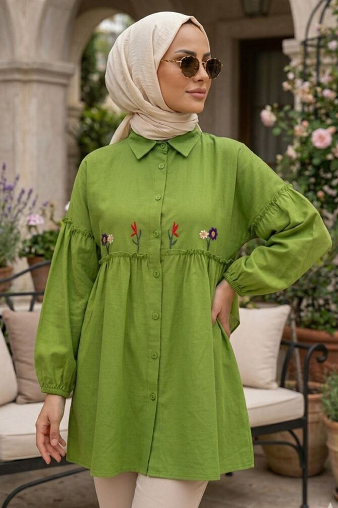 Embroidered Patterned Pistachio Green Modest Tunic 40603FY - 