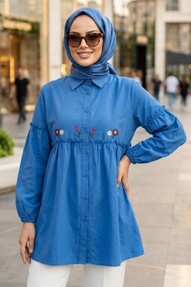 Embroidered Patterned Sax Blue Modest Tunic 40603SX - 