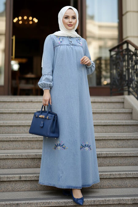 Embroidery Embroidered Blue Modest Denim Dress 19171M - 