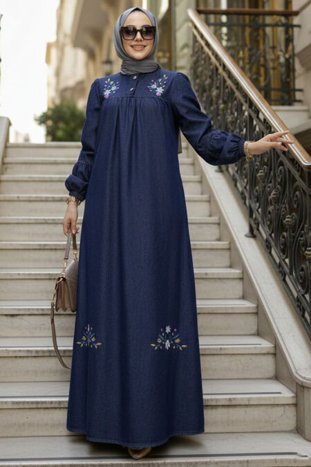 Embroidery Embroidered Navy Blue Modest Denim Dress 19171L - 