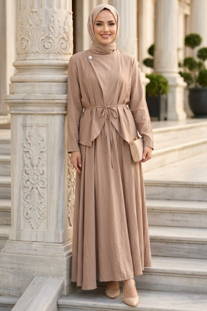 Skirted Beige Modest Two-Piece Set 20025BEJ - 