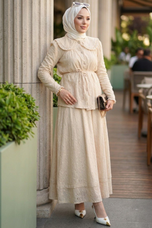 Skirted Beige Modest Two-Piece Set 20183BEJ - 