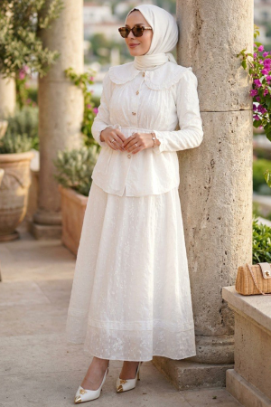 Skirted White Modest Two-Piece Set 20183B - 