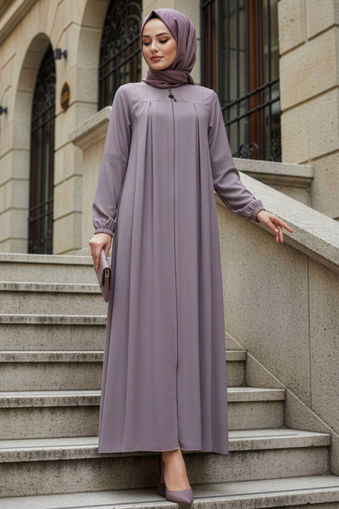 Zippered Beige Modest Abaya 45299BEJ - 