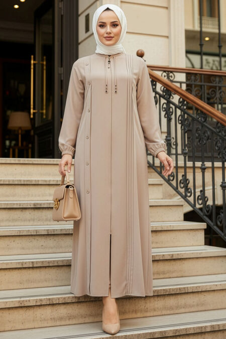 Zippered Beige Modest Abaya 45309BEJ - 