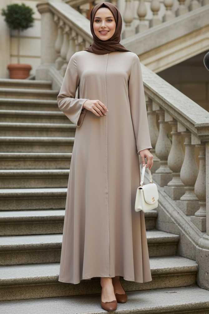 Zippered Beige Modest Abaya 85107BEJ - 