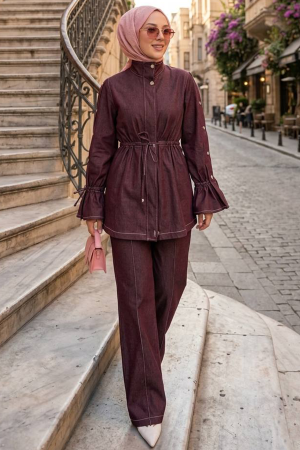 Zippered Burgundy Modest Denim Two-Piece Set 20123BR - 