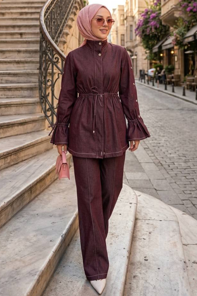 Zippered Burgundy Modest Denim Two-Piece Set 20123BR - 