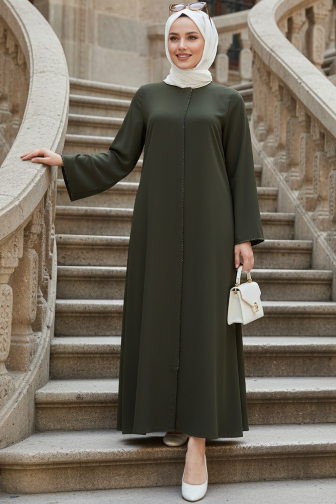 Zippered Khaki Modest Abaya 85107HK - 