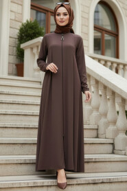 Zippered Brown Modest Abaya 45319KH - 2