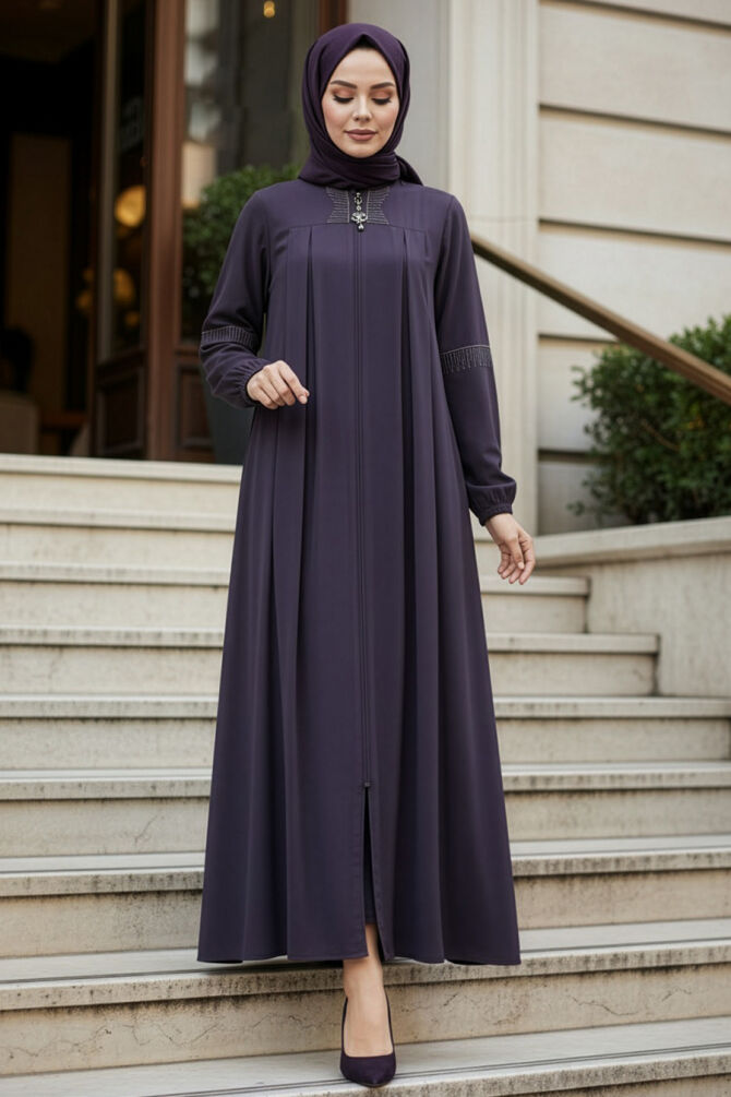 Zippered Dark Smoked Modest Abaya 45299KFU - 