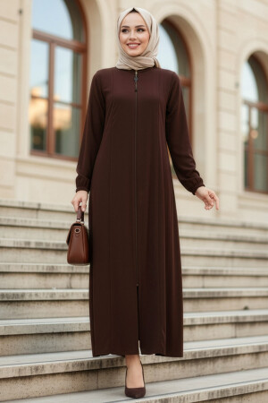 Zippered Dark Brown Modest Abaya 45319KKH - 1