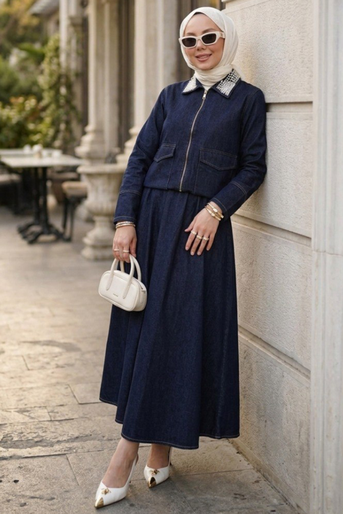 Zippered Navy Blue Skirted Modest Denim Two-Piece Set 10063L - 