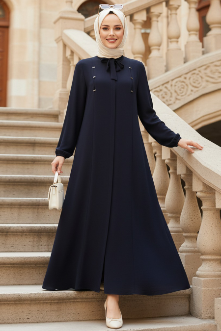 Zippered Navy Blue Modest Abaya 85102L - 