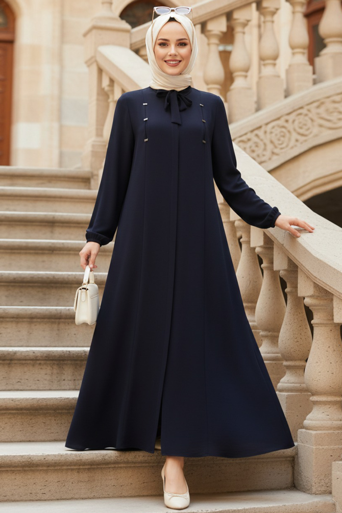 Zippered Navy Blue Modest Abaya 85102L - 