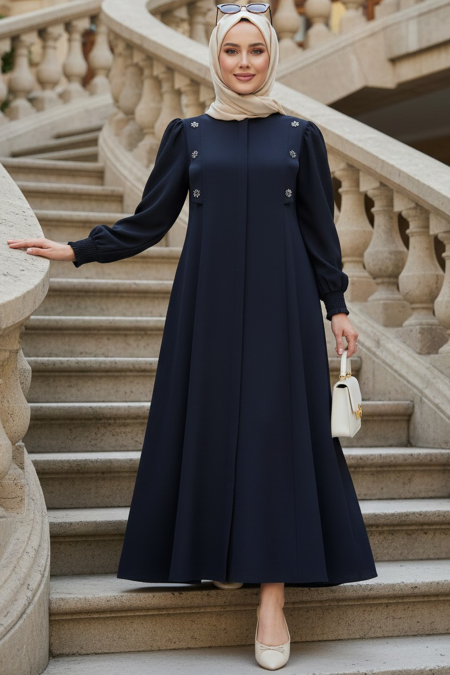 Zippered Navy Blue Modest Abaya 85106L - 