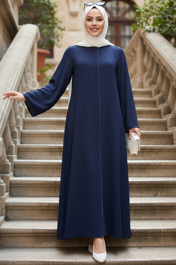 Zippered Navy Blue Modest Abaya 85107L - 