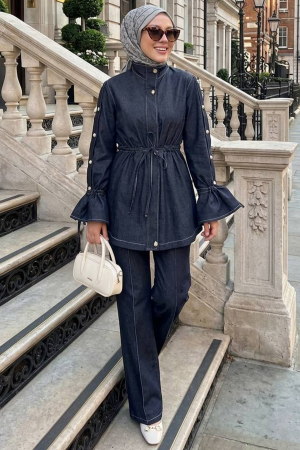 Zippered Navy Blue Modest Denim Two-Piece Set 20123L - 