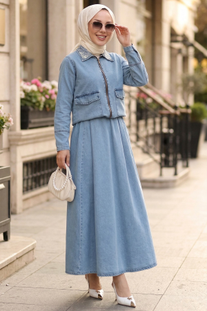 Zippered Blue Skirted Modest Denim Two-Piece Set 10063M - 