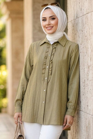 Ruffle Detailed Light Khaki Modest Shirt 10931AHK - 