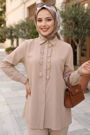 Ruffle Detailed Beige Modest Shirt 10931BEJ - 