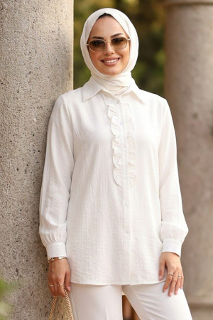 Ruffle Detailed White Modest Shirt 10931B - 