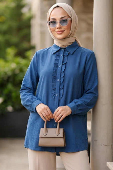 Ruffle Detailed Indigo Blue Modest Shirt 10931IM - 