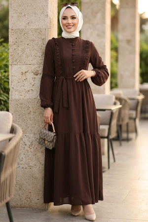 Ruffle Detailed Dark Brown Modest Dress 10318KKH - 