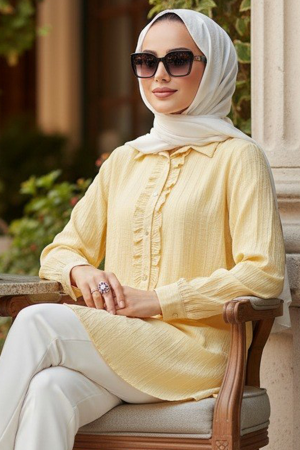 Ruffle Detailed Yellow Modest Shirt 10931SR - 