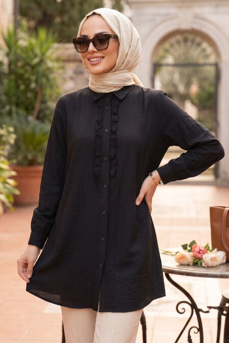 Ruffle Detailed Black Modest Shirt 10931S - 