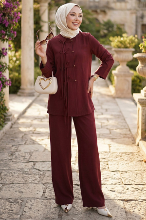 Bow Detailed Burgundy Modest Two-Piece Set 20106BR - 