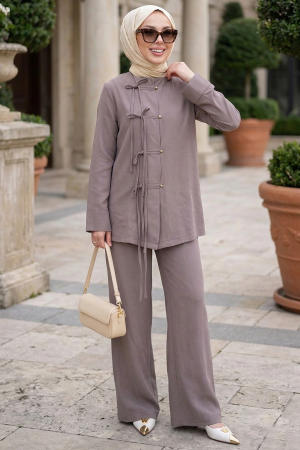 Bow Detailed Taupe Modest Two-Piece Set 20106V - 