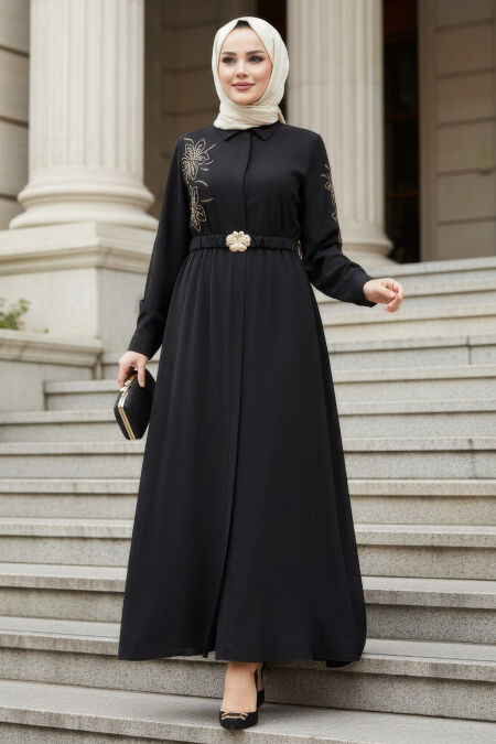 Floral Embroidered Belted Anthracite Modest Dress 60103ANT - 
