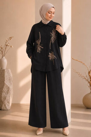 Floral Embroidered Zara Satin Black Modest Two-Piece Set 15695S - 