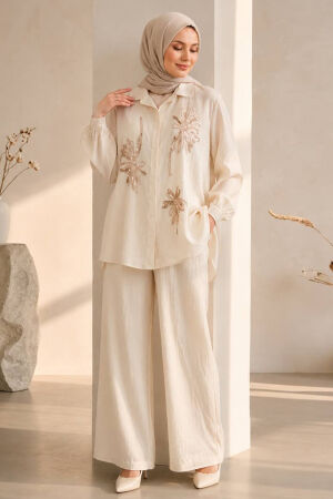 Floral Embroidered Zara Satin Ecru Modest Two-Piece Set 15695E - 