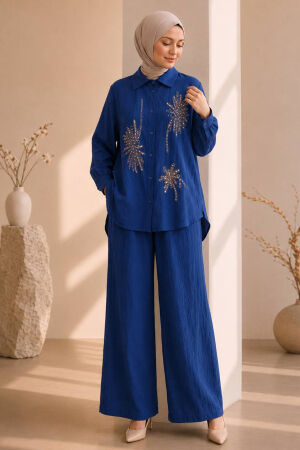 Floral Embroidered Zara Satin Indigo Blue Modest Two-Piece Set 15695IM - 