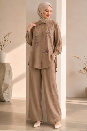Floral Embroidered Zara Satin Stone Modest Two-Piece Set 15695TAS - 
