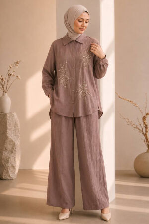 Floral Embroidered Zara Satin Taupe Modest Two-Piece Set 15695V - 