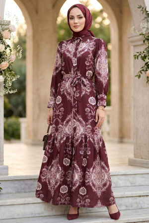 Floral Patterned Belted Jessica Burgundy Modest Dress 15063BR - 