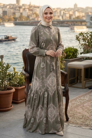 Floral Patterned Belted Jessica Khaki Modest Dress 15063HK - 