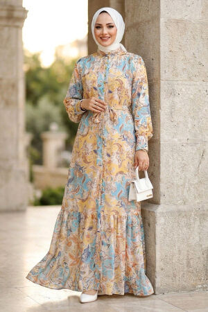 Floral Patterned Belted Jessica Mustard Modest Dress 15100HR - 