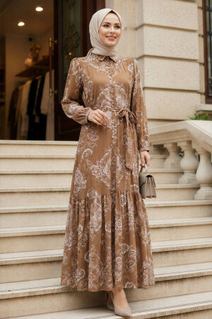 Floral Patterned Belted Jessica Olive Green Modest Dress 15063YY - 