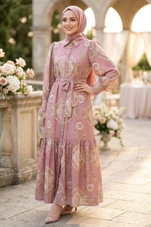 Floral Patterned Belted Jessica Powder Pink Modest Dress 15063PD - 