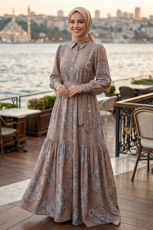 Floral Patterned Belted Jessica Taupe Modest Dress 15063V - 